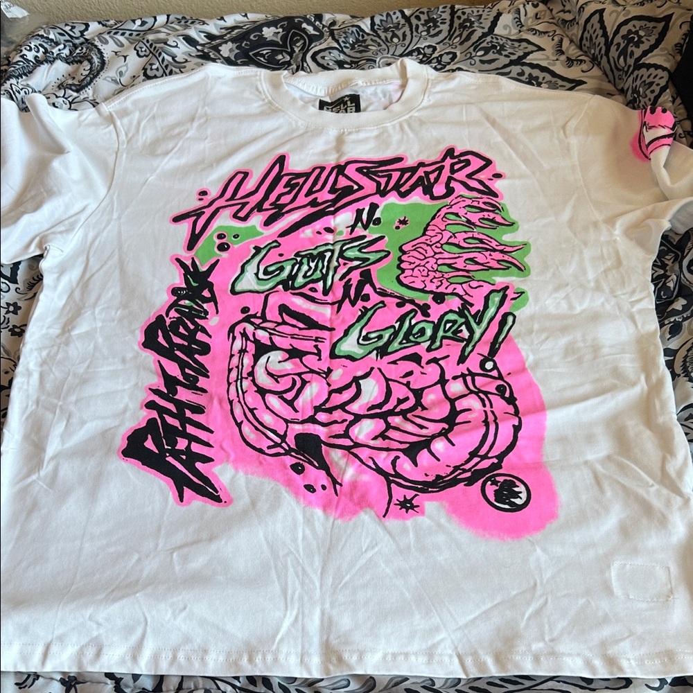 Men HellSrar White Graphic Tee with Neon Pink & Green Print